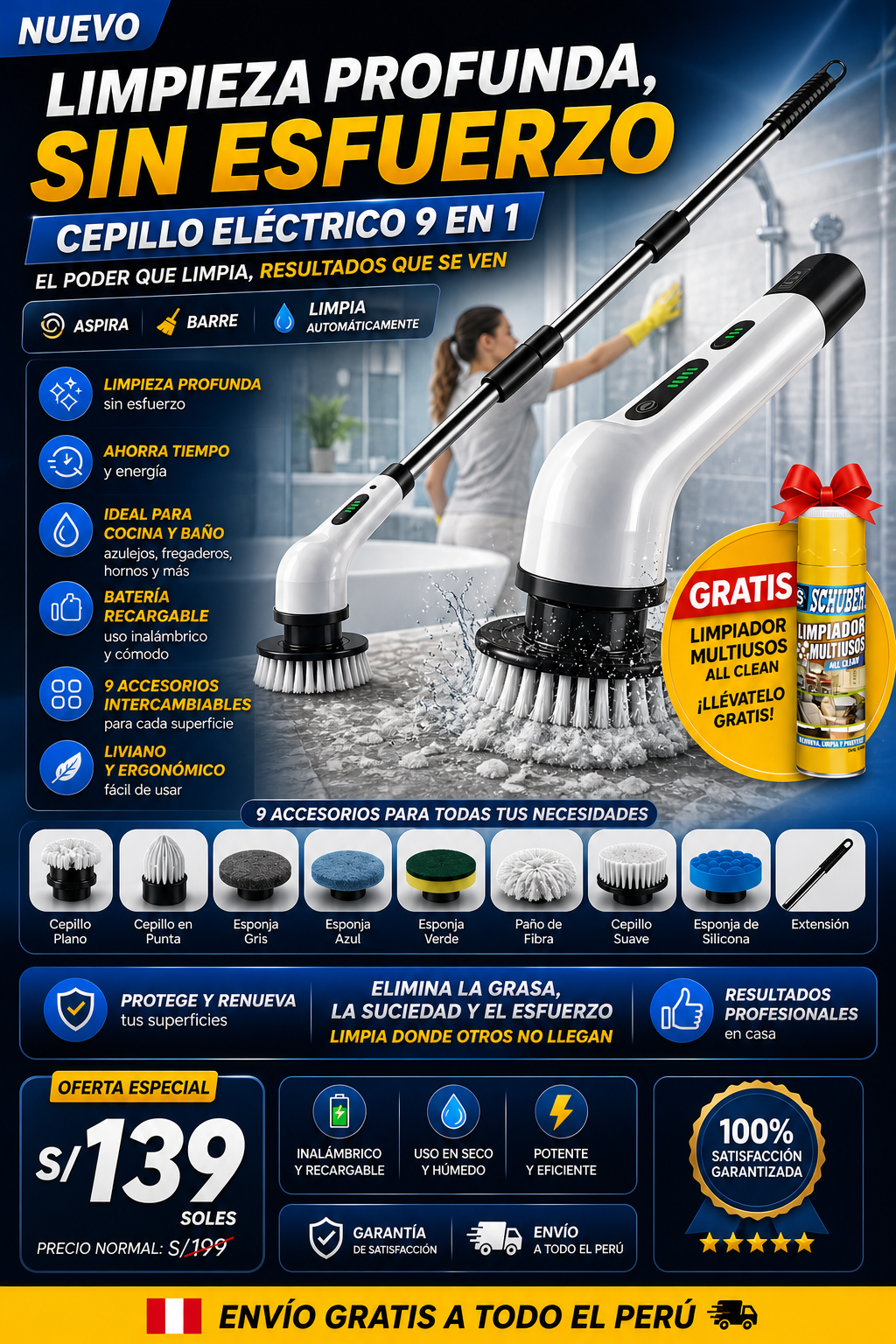 🤩CEPILLO ELÉCTRICO DE LIMPIEZA 9en1 + LIMPIADOR MULTIUSOS GRATIS🤩