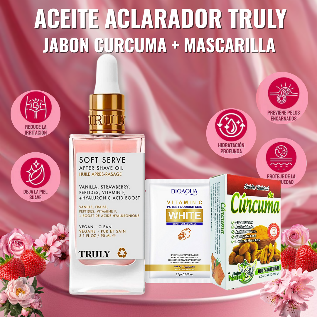 ACEITE ACLARADOR TRULY + MASCARILLA FACIAL + JABON CURCUMA ♀️